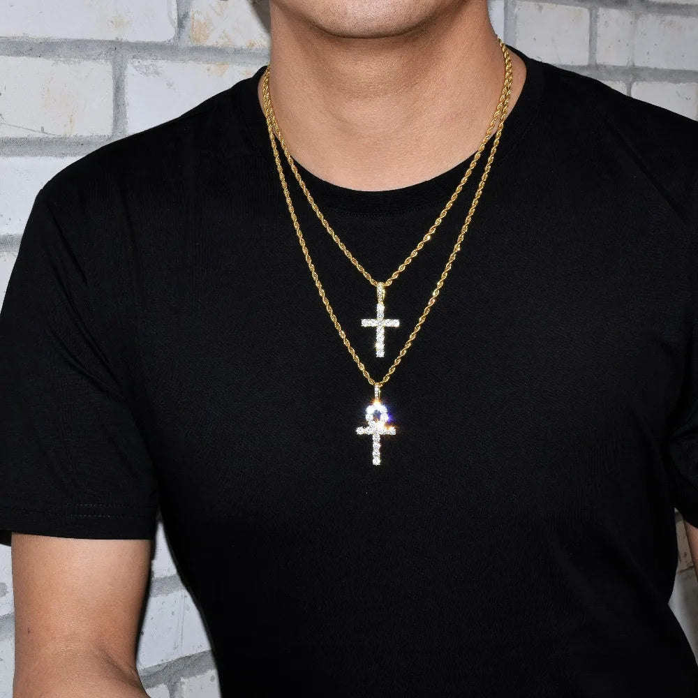 Bubble Letter Cross Necklace for Men Pendant Gold Color Copper Material Hip Hop Jewelry